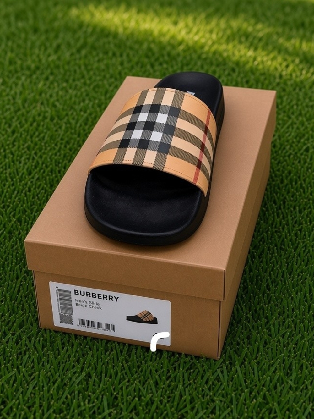 Burberry Beige Check Slide Sandals with Black Footbed